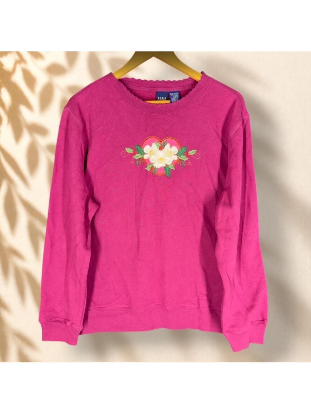 Basic Editions Sweatshirt Women XL Pink Floral Embroidered Long Sleeve Cotton